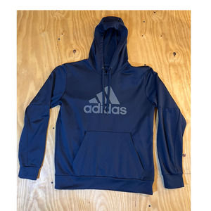 Adidas Blue Aeroready Tan Ribbed Logo Hoodie Pullover Drawstring Hand Pouch Med